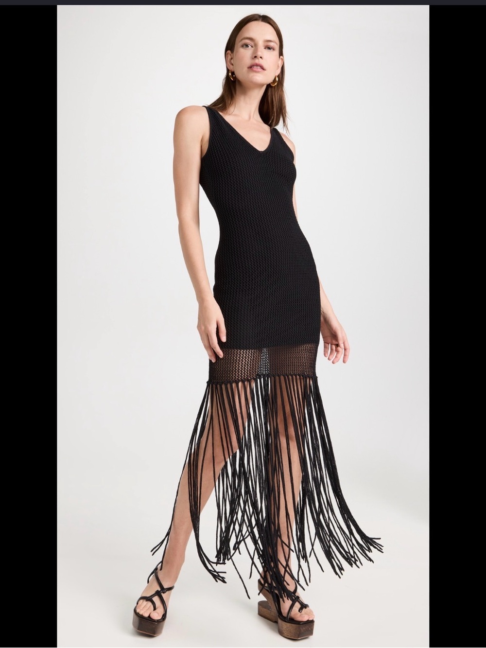 Black Sleeveless Fringe Knit Maxi Dress